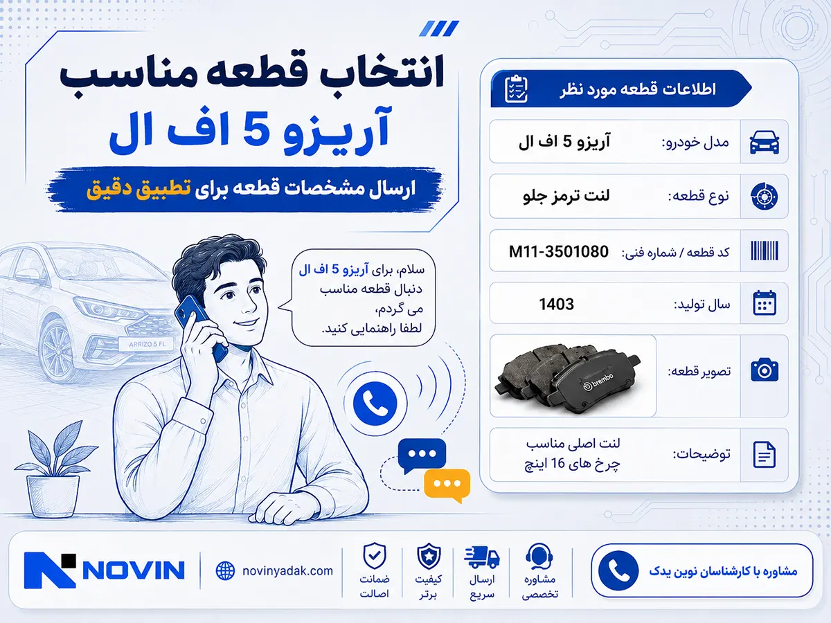راهنمای انتخاب قطعه مناسب آریزو 5 اف ال با نمایش مدل خودرو، کد فنی، سال تولید و تصویر قطعه برای تطبیق دقیق