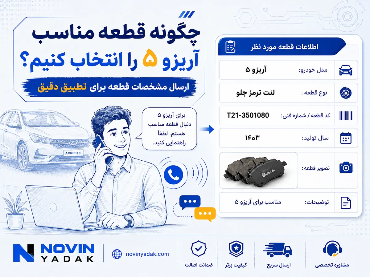 راهنمای انتخاب قطعه مناسب آریزو ۵ با نمایش مدل خودرو، کد فنی، سال تولید و تصویر قطعه برای تطبیق دقیق