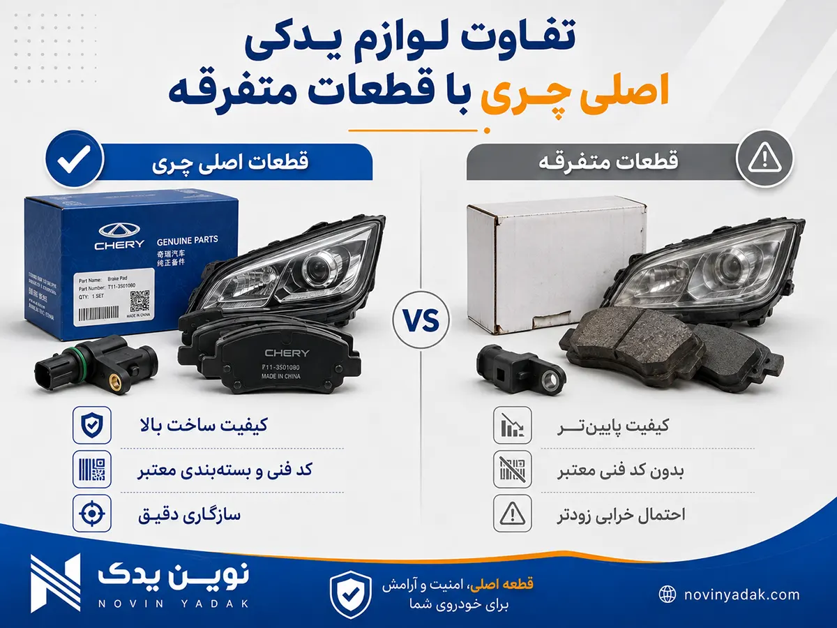 مقایسه لوازم یدکی اصلی چری با قطعات متفرقه شامل چراغ، لنت، سنسور و بسته‌بندی قطعات